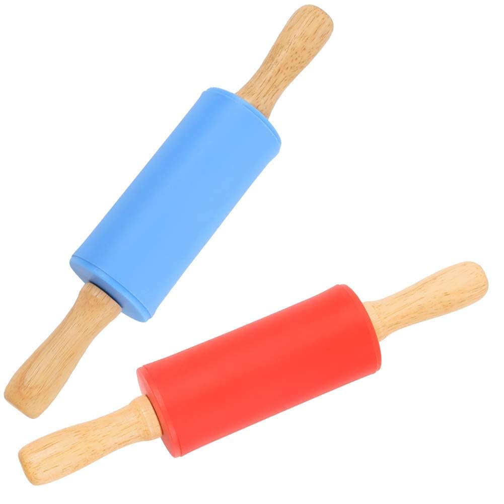Mini Rolling Pin Set, 9 Inch Kids Wooden Handle Rolling Pin, Non-Stick Silicone Rolling Pins for Home Kitchen Children Cake
