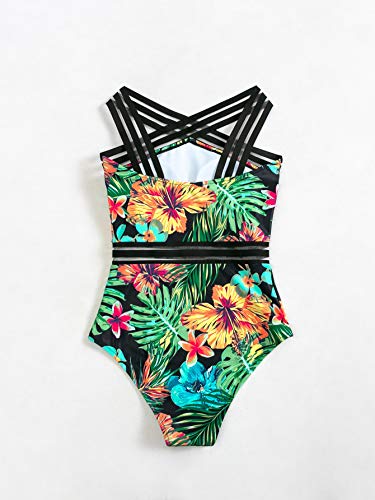 Makemechic Women's Sexy Swimwear Tropical Print Mesh Panel One Piece Swimsuit Green S #TOP2