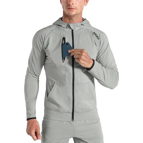 BROKIG Mens Zip Hoodies, Lightweight Sweatshirts Gym Running Jumper Jackets with Pockets