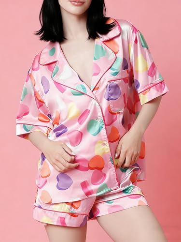 Image of Yiulangde Valentine Candy Heart Silk Pajamas Lounge Satin Short Pajama Set for Women 2 Piece Y2k Long Sleeve Pj Shorts Outfit Sleepwear