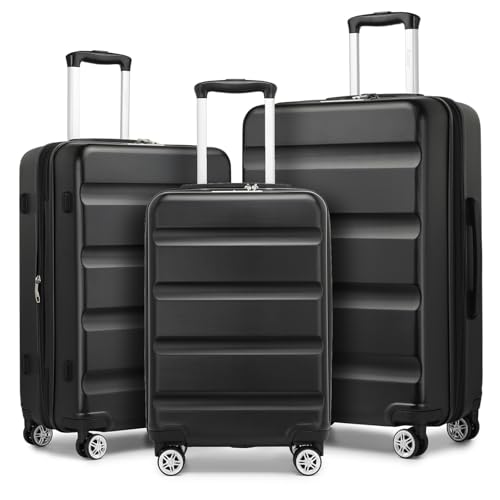 Kono 3-Piece Luggage Sets | Expandable Hard Shell PC+ABS Suitcase with TSA Lock | Lightweight & Sturdy Travel Suitcases with 4 Spinner Wheels (20", 24", 28") - Black