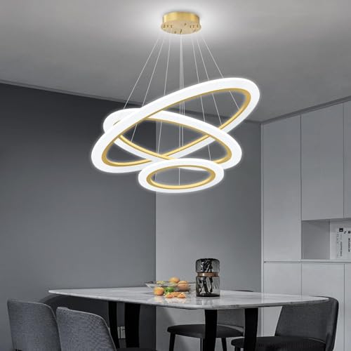 Image of Manraj Modern LED Gold Ring Chandelier, Acrylic 3-Ring Design, Flush Mount Chandelier with Adjustable Hanging Cord Pendant Light Fixture, for Dining Living Room Bedroom (Gold)