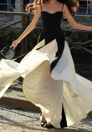 DINGANG Womens Elegant Sleeveless Color Block Long Dress Backless Pleated Patchwork Swing Flowy Maxi Dress4