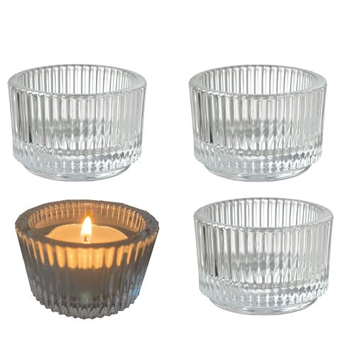 4-Piece Transparent Glass Small Candle Holder, Striped Glass Tea Light Candle Holder, Used For Wedding Party Dinner, Wedding, Birthday And Home Decoration #TOP13