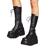 Minetom Damen Winter Gothic Punk Plateau Stiefel Goth Schnalle Zipper Wedges Mid Schuhe Plattform Biker Boots Chunky Motorrad Stiefel F Schwarz 40 EU