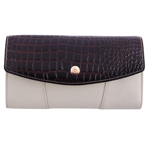 LEATHER STREET Women’s Genuine Leather Wallet Clutch | RFID Blocking Ladies Purse with Multiple Card Slots, Zip Coin Pocket & ID Window | Stylish Long Wallet for Daily Use (Off White/Brown)