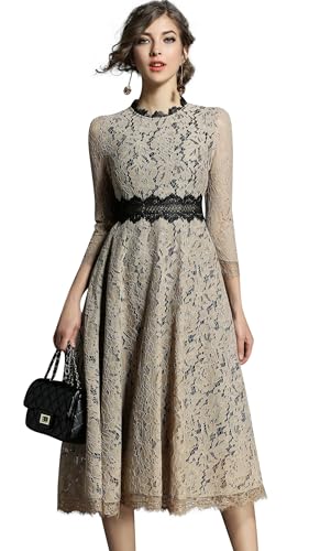 LAI MENG FIVE CATS Women's 3/4 Sleeve Elegant Floral Lace Cocktail Party Swing Midi Dance Dress