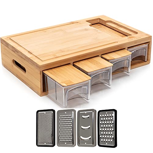 Chopping Board with Storage and Food Prep Station - Meal Prep Station, Bamboo Cutting Board with Juice Grooves, Four Containers & Assorted Graters