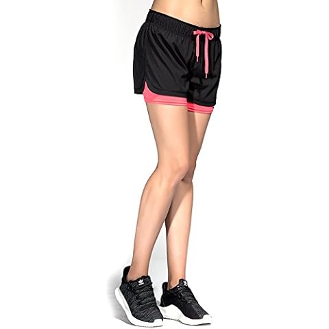 CtopoGo Women's Inner Pocket Breezy Mesh 2 in 1 Running Workout Sports Shorts Black/Pink XL (UK 14) Cover