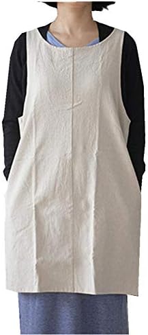 AOBBYBBS Soft Cotton Linen Apron Solid Color Halter Cross Bandage Aprons Japanese Style X Shape Double Pockets Kitchen Cooking Clothes Gift for Women Chef Housewarming -Beige