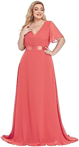 Ever-Pretty Women's Plus Size A-line V Neck Ruched Formal Dresses for Women Wedding Guest Came Brown US26