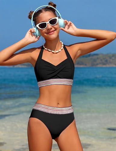 Girls Swimsuits Two Piece Bikini Set Criss Cross Halterneck Woven Contrast Trim Bathing Suits for 9-16Y3