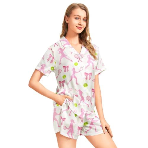 Image of Funny Pajamas for Women Set Print Satin Loungewear Pjs Short Sleeve Button Down Top and Shorts Sets Sleepwear XS-3XL