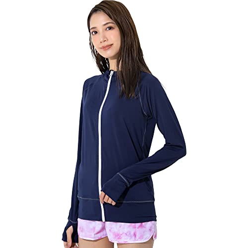 FELLOW フェロー 全38色柄 ラッシュガード パーカー レディース ラッシュパーカー 接触冷感 ラッシュ フードあり 長袖 UVカット UPF50 + ネイビー Lサイズ