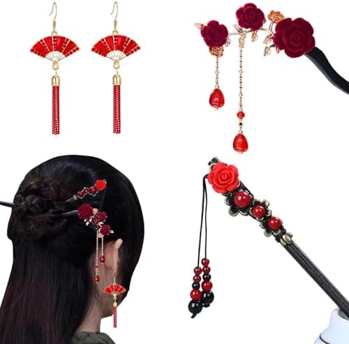 2pcs Chinese Traditional Flower Hair Sticks - Retro Wooden Hairpin With Tassel (Style A) | Buy Now With Express International Delivery