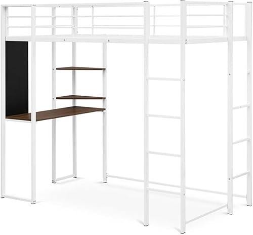 East West Furniture BUTLWHI Buckland - Cama tipo loft individual, una cama de metal, una mesa, 2 estantes para libros y 2 escaleras con 3 y 4
