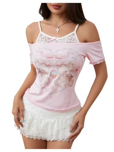 SOLY HUX Women's Y2K Coquette Aesthetic Crop Tops Summer Kawaii Clothes Cute Lace Bow Cold Shoulder Graphic Tees2