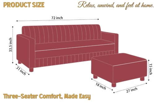 Image of 3 Seater Velvet Sofa with Ottoman | Modern Upholstered Couch | Comfortable Living Room Sofa | Durable & Stylish Seating for Home, Office & Guest Room - Red Color