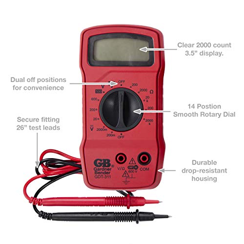 Image of Gardner Bender GDT-311 Digital Multimeter, 3 Function, 11 Range, Tests AC /DC Voltage and Resistance, Manual Ranging, 3.5 inch Display, 1 /Each , Red