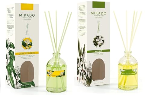 PCMOVILES Mikado Ambientador DAMA DE NOCHE Y AZAHAR 100 ml – Pack de 2 Unidades – Aroma Fresco y Natural – Difusor de Varillas para Casa, Oficina y Armario