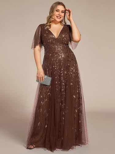 Image of Ever-Pretty Women's Sequin V Neck Plus Size Formal Dresses Evening Gown | Short Sleeve, A-Line, Empire Waist, Plus Size Mother of the Bride Dresses, Plus Size Gala Dress