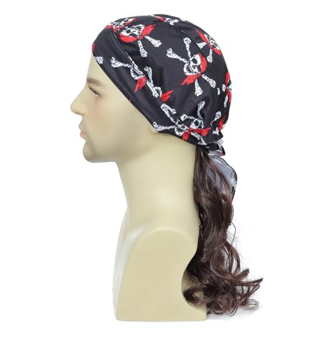 Image of Skull Bandana Mullet Wig for Men Women, 80s Curly Wig with Pirate Durag, Perfect for Halloween, 4th of July, Country Concert Biker Costume(Medium Brown)