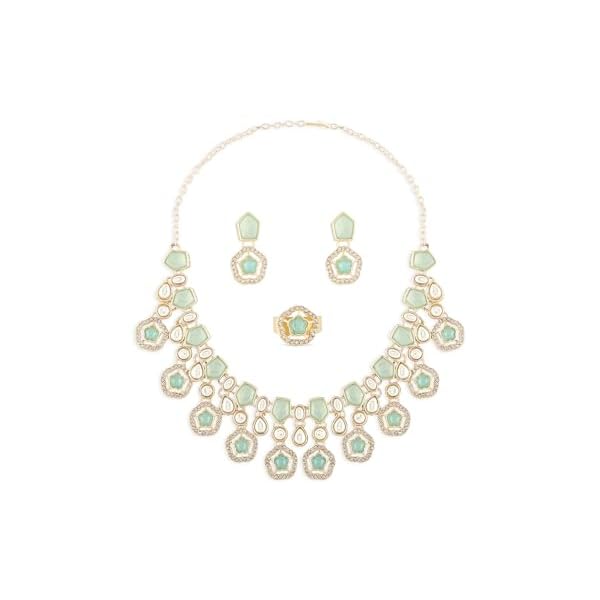 ZAVERI PEARLS Mint Green Kundan Austrian Diamonds & Artificial Stones Embellished Necklace Earring & Ring Set For Women-ZPFK17098