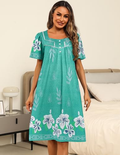 Image of Ekouaer Women's House Dress with Pocket Button Mumus | Short Sleeve Nightgown, Floral Print Mumu Dresses, Square Casual Sleepwear, Boho Roomy Housecoat, Plus Size Soft Sleepwear