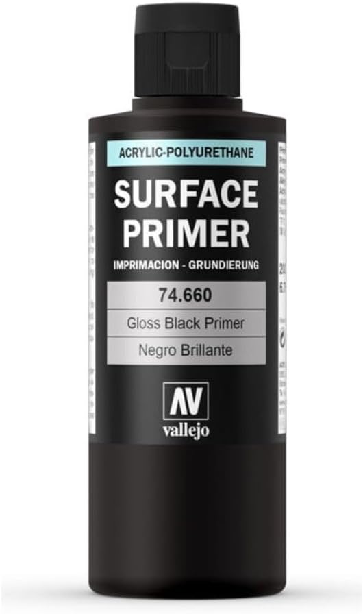 Vallejo - Surface Primer Color | Gloss Black Acrylic Primer 200 ml (6.76 fl.oz.) | Glossy Finish and Fast Drying | Perfect for Airbrushing and Great Adhesion to Figures and Scale Models