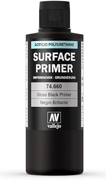 Vallejo - Surface Primer Color | Gloss Black Acrylic Primer 200 ml (6.76 fl.oz.) | Glossy Finish and Fast Drying | Perfect for Airbrushing and Great Adhesion to Figures and Scale Models