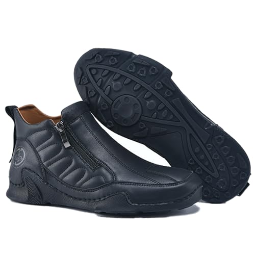 Men's Leather Slip-On Walking Ankle Boots Outdoor Non Slip Double Zipper High Top Driving Work Boots Daily Lightweight Chukka Shoes