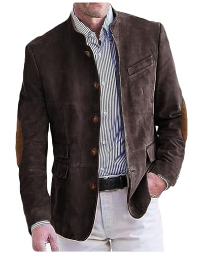 VENNYNG Men's Faux Suede Blazer Jacket with Elbow Path Fall Stand Collar Sport Coat for Weddings Business Casual Wear