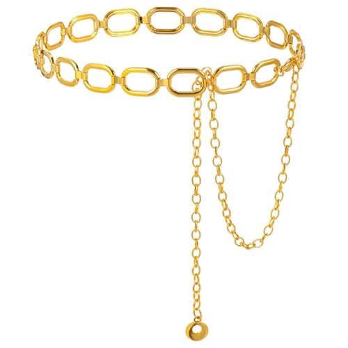 Chain Belt for Women, Adjustable Metal Gold Waist Chains, Chunky Thick Chain Belly Link Belt for Dresses Jeans