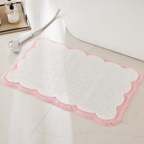Luxury Microfiber Bathroom Rugs, White Bath Rug with Pink Scalloped Piping Cute Aesthetic Girly Bath...