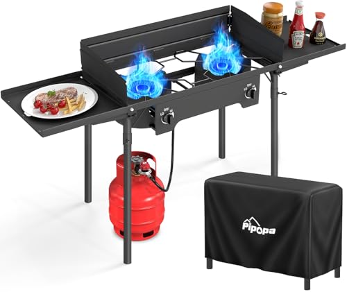 2 Burner Propane Camp Stove | 150 000 BTU Gas Burners | Side Shelves | Windscreen | Waterproof Cover | Detachable Legs | Ideal for Camping Backyard Outdoor Cooking