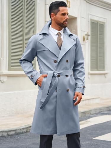 Image of Runcati Mens Trench Coat Double Breasted Notched Lapel Casual Belted Windbreaker Fall Classic Long Jacket Overcoat
