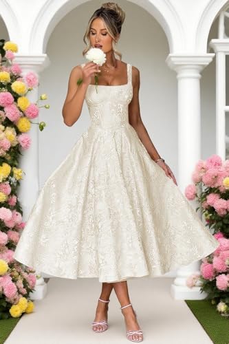 Floral Satin Jacquard Prom Dresses 2025 A-Line Tea Length Midi Square Neck Evening Party Gown with Pockets for Women3