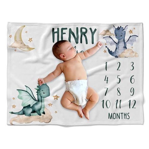 Personalized Dragon and Clouds Baby Blanket, Custom Name Monthly ...