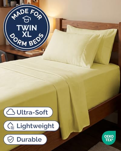 Image of Extra Deep Twin XL Sheet Set - 4 Piece College Dorm Bed Sheets Set w / Extra Deep Pockets - Ultra-Soft, Comfy & Breathable Bedding for Women, Men, Kids & Teens - Wrinkle Free & Fade Resistant - Yellow
