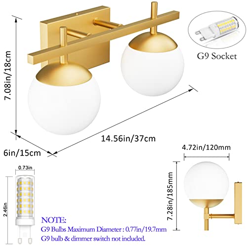 Image of Ralbay 2-Light Gold Vanity Light Mid Century Modern Bathroom Vanity Light Fixture Milky Glass Globe Bathroom Wall Light Fixtures Gold 2 Light