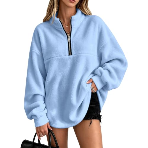 Blue Half Zip Fleece Women Quarter Zip Oversized Pullover Sweatshirts - image 1