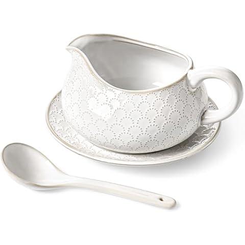 LE TAUCI Gravy Boat with Ladle and Saucer Stand 24oz, Ceramic Sauce Boat with Tray for Salad Dressings, Creamer, Broth, Black Pepper, Set of 1, Arctic White, Firework Cover