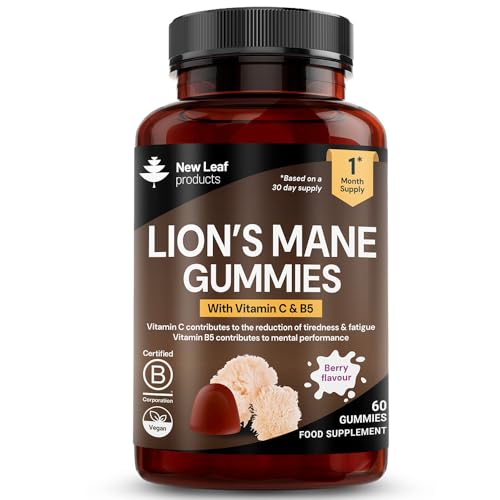 Lions Mane Mushroom Gummies High Strength - 2500mg with Vitamin C & B5 - Berry Flavour - 60 Vegan Lions Mane Gummies 1 Month Supply Made in UK by New Leaf