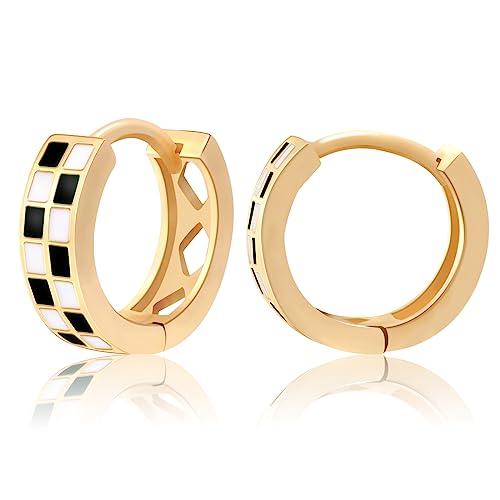 18k Gold Filled Checkered Hoop Earrings,Enamel Small Hoops Earrings For Women Hypoallergenic Earrings