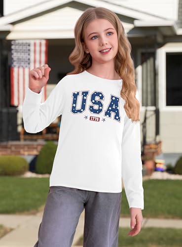 Image of Ithalt 4th of July Outfit Kids Girls American T Shirt USA T-Shirt Fourth of July Tops Patriotic Long Sleeve Tops