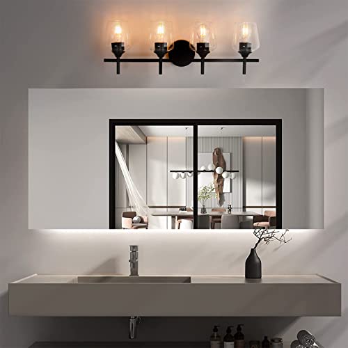 Image of foucasal 4-Light Bathroom Light Fixtures, Matte Black Vanity Lights with Clear Glass Shades, Modern Wall Lights for Mirror Kitchen Living Room Hallway Cabinet Porch