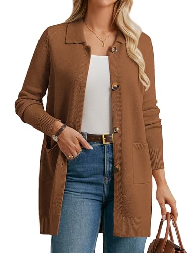 GRACE KARIN Cardigan long à manches longues et col à revers boutonné avec poches pour femme, L