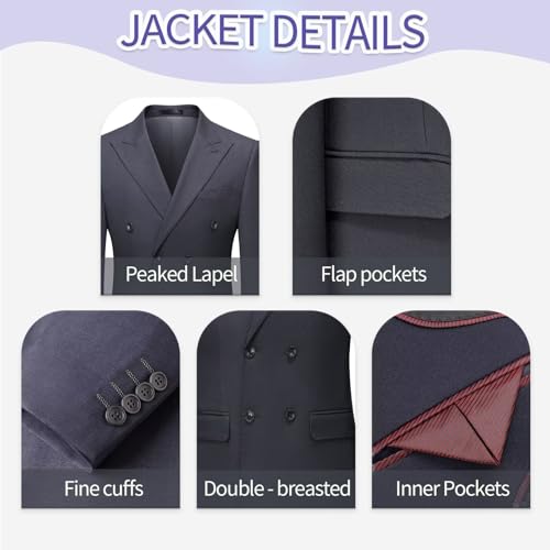 Men's Double Breasted Suit Set 2 Pieces Wedding Prom Dinner Tuxedo with Dress Shirt Jacket Pants Set with Black Striped Tie2