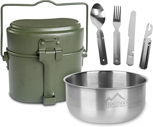 normani Outdoor Geschirrset Essbesteck + Aluminium Kochgeschirr + Schale 18/8 Stahl - rostfrei Farbe Oliv