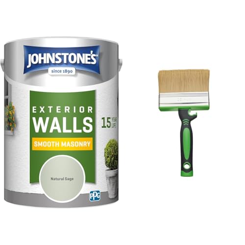 Johnstone's – Exterior Smooth Masonry Paint – Natural Sage – Up to 15 Years Protection – Weather & Fit For The Job 4 inch Large Capacity Shed And Fence Block Brush for Rapid Painting of Sheds & Fence